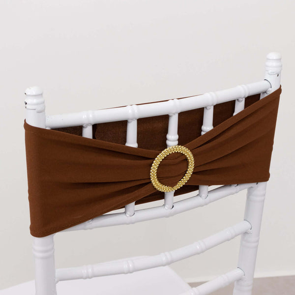 5 Pack Spandex Chair Sashes Cinnamon Brown with Gold Rhinestone Buckles - Reusable Four-Way Stretch Sash Bands 5"x14"